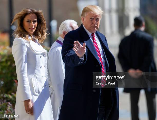 President Donald J. Trump and first lady Melania Trump depart after attending services at St. John's Episcopal Church March 17, 2019 in Washington,...