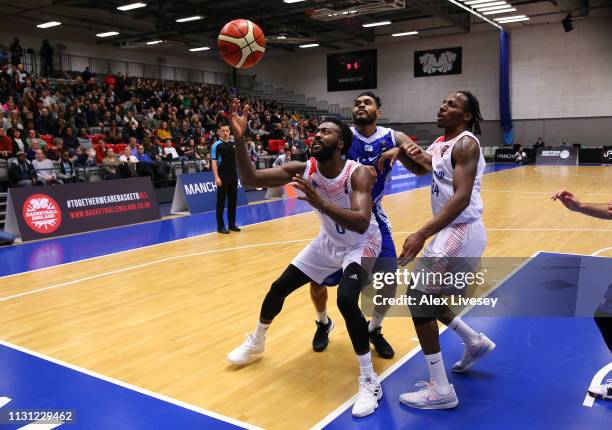 Gabriel Olaseni of Great Britain holds off a challenge from Tyrell Biggs of Cyprus during the FIBA EuroBasket 2021 Pre-Qualifier match between Great...