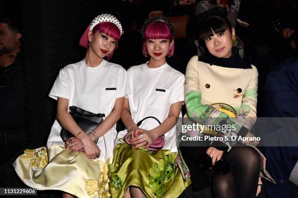 Ami Suzuki, Aya Suzuki and Leaf Greener attend the Prada Show during Milan Fashion Week Fall/Winter 2019/20 on February 21, 2019 in Milan, Italy.