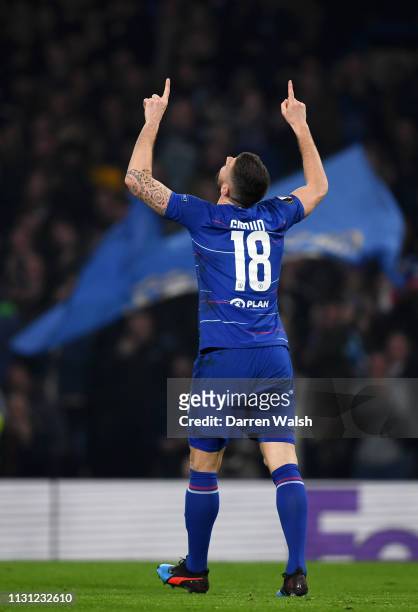Olivier Giroud of Chelsea celebrates after scoring his team's first goal of Chelsea during the UEFA Europa League Round of 32 Second Leg match...