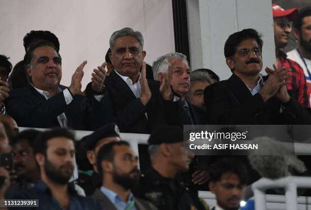 Pakistani Army Chief General Qamar Javed Bajwa and other officials watch the final Twenty20 Pakistan Super League at the National Cricket Stadium in...