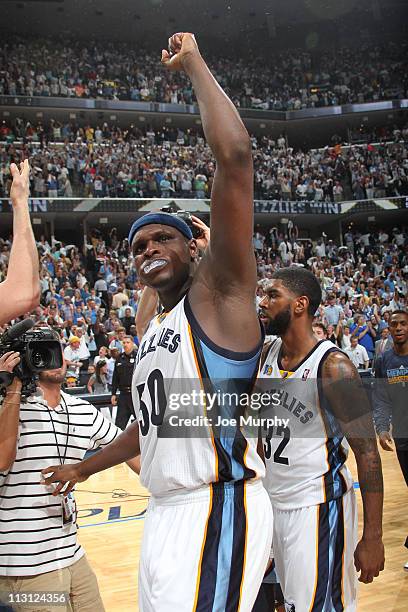 Zach Randolph of the Memphis Grizzlies celebrates a win against the San Antonio Spurs in Game Three of the Western Conference Quarterfinals in the...