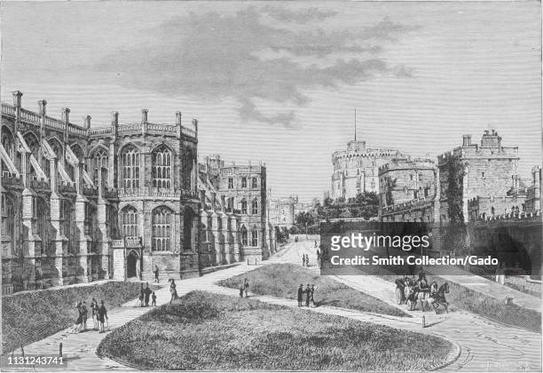 Engraving of the St George's Chapel and Round Tower, Windsor Castle, Berkshire County, England, from the book "The earth and its inhabitants" by...