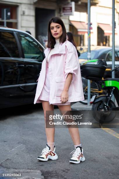 Aida Domenech is seen outside Emporio Armani on Day 2 Milan Fashion Week Autumn/Winter 2019/20 on February 21, 2019 in Milan, Italy.