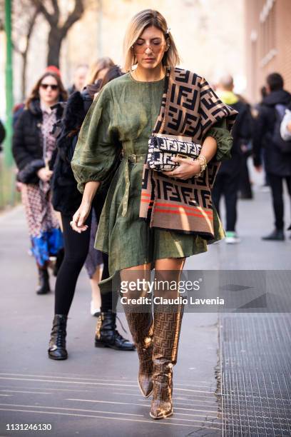 Guest is seen outside Fendi on Day 2 Milan Fashion Week Autumn/Winter 2019/20 on February 21, 2019 in Milan, Italy.