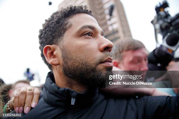 Empire actor Jussie Smollett leaves Cook County jail after posting bond on February 21, 2019 in Chicago, Illinois. Smollett has been accused with...