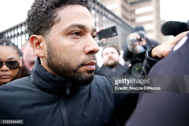Empire actor Jussie Smollett leaves Cook County jail after posting bond on February 21, 2019 in Chicago, Illinois. Smollett has been accused with...