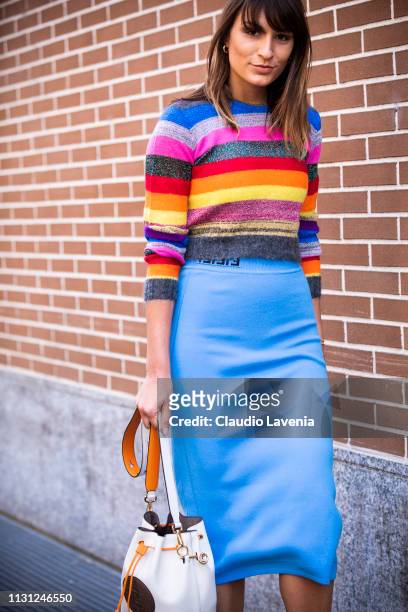 Carlotta Rubaltelli wearing a multicolored sweater and blu skirt, is seen outside Fendi on Day 2 Milan Fashion Week Autumn/Winter 2019/20 on February...