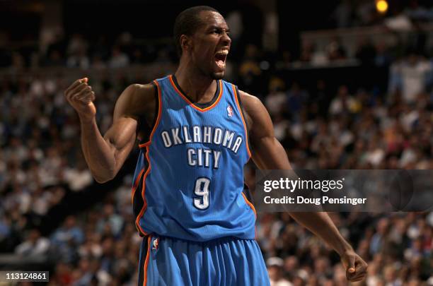 Serge Ibaka of the Oklahoma City Thunder celebrates after being fouled against the Denver Nuggets in Game Three of the Western Conference...