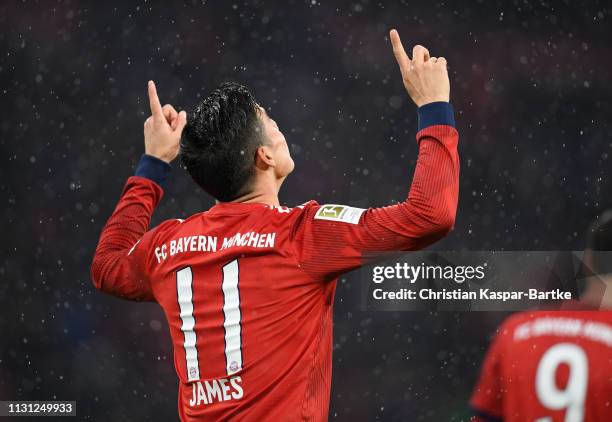 James Rodriguez of FC Bayern München celebrates after scoring his team`s fourth goal during the Bundesliga match between FC Bayern Muenchen and 1....