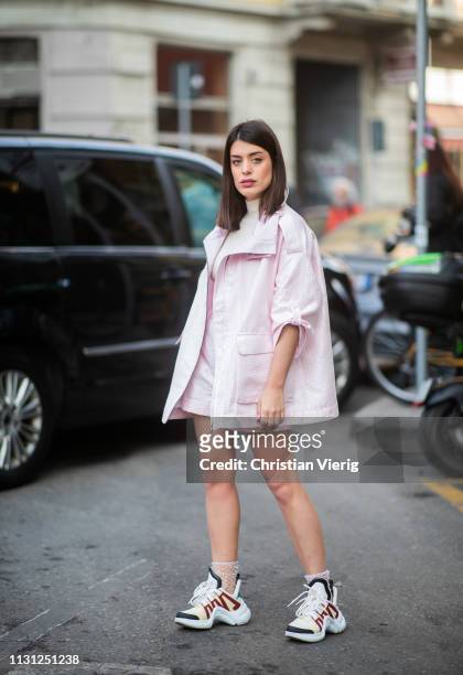Aida Domenech is seen wearing pink jacket outside Armani on Day 2 Milan Fashion Week Autumn/Winter 2019/20 on February 21, 2019 in Milan, Italy.
