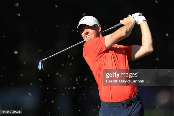 Rory McIlroy of Northern Ireland plays a shot on the eighth hole during the first round of World Golf Championships-Mexico Championship at Club de...