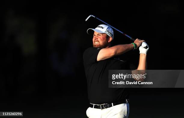 Shane Lowry of Ireland plays his second shot on the ninth hole during the first round of World Golf Championships-Mexico Championship at Club de Golf...