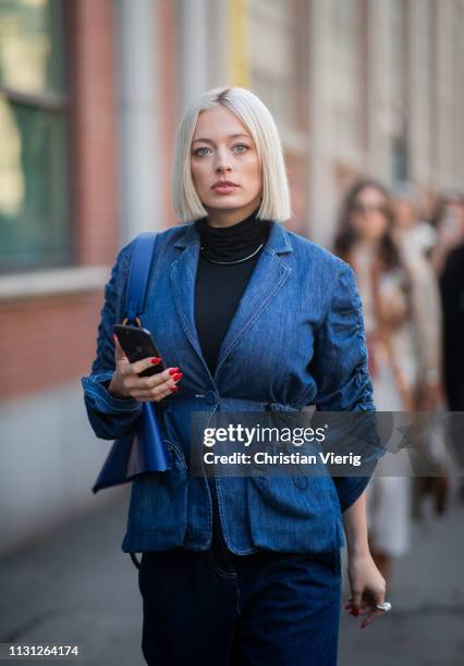 Caroline Vreeland is seen wearing denim jacket and jeans outside Fendi on Day 2 Milan Fashion Week Autumn/Winter 2019/20 on February 21, 2019 in...