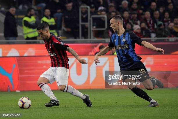 Suso of AC Milan in action during the serie A match between AC Milan and FC Internazionale Milano at Stadio Giuseppe Meazza on March 17, 2019 in...