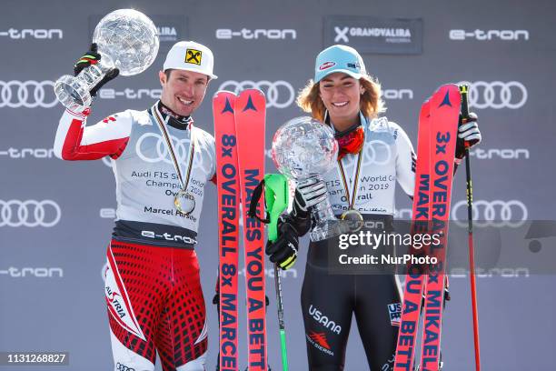 Marcel Hirscher of Austria Ski Team and Mikaela Shiffrin of USA Ski Team win the Overall FIS Ski World Cup, on March 17, 2019 in El Tarter, Andorra.