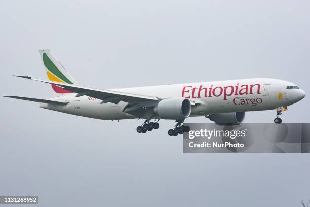 Ethiopian Airlines Boeing 777F Cargo Aircraft with registration ET-ARI landing in Brussels National Airport Zavantem BRU EBBR. The airplane is a...