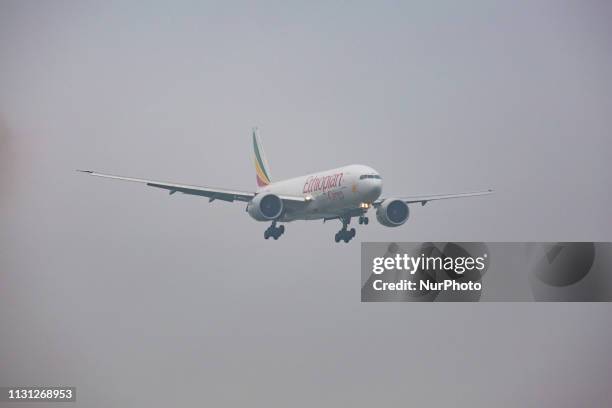 Ethiopian Airlines Boeing 777F Cargo Aircraft with registration ET-ARI landing in Brussels National Airport Zavantem BRU EBBR. The airplane is a...