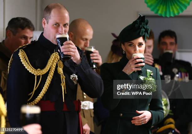 Wiliam, Duke of Cambridge and Catherine, Duchess of Cambridge meets with Irish Guards after attending the St Patrick's Day parade at Cavalry Barracks...