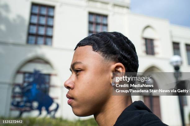 Dylan Wilson shows his 360 wave hairstyle created after months of wearing a durag during a John Muir High School walkout protesting the schoolÕs ban...