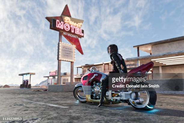 woman in black sits on motorcycle and looks up at motel sign with no vacancies - no vacancies stock pictures, royalty-free photos & images