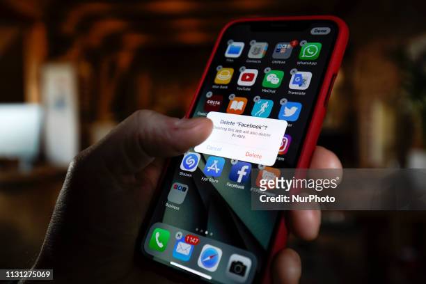 The Delete dialogue for removing the Facebook application is seen in this photo illustration on March 17, 2019 in Warsaw, Poland.