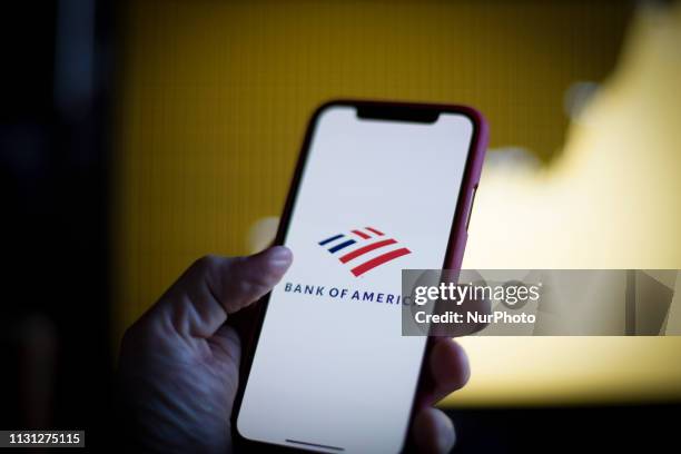 The Bank of America logo is seen on a mobile device in this photo illustration on March 17, in Warsaw, Poland. Bank of America is one of the ten...