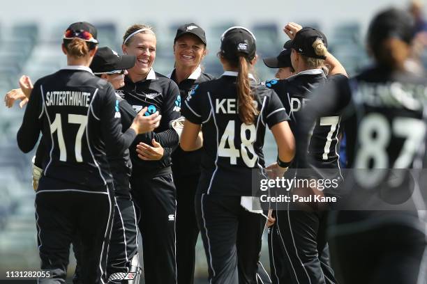 Lea Tahuhu of New Zealand celebrates the wicket of Alyssa Healy of Australia during Game 1 of the Women's One Day International series between...