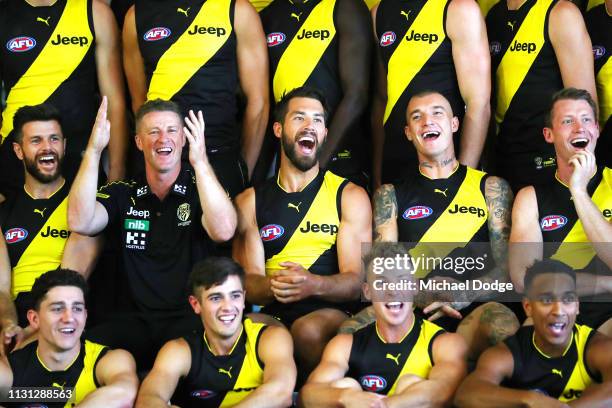 Trent Cotchin Tigers head coach Damien Hardwick, Alex Rance, Dustin Martin and Dylan Grimes of the Tigers react during the AFL Richmond Tigers team...