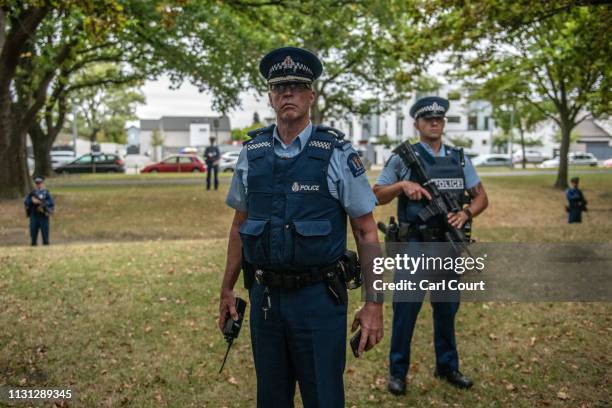 Armed police officers guard the area near Al Noor mosque during a visit by Turkey's Vice-President Fuat Oktay and Foreign Minister Mevlut Cavusoglu...