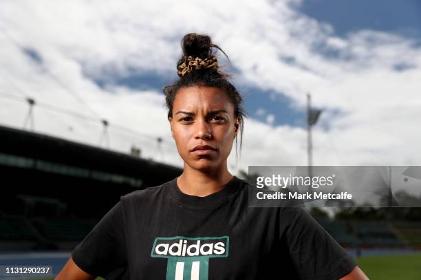 Morgan Mitchell poses during the Athletics Australia media session at Sydney Olympic Park Athletic Centre on February 22, 2019 in Sydney, Australia.