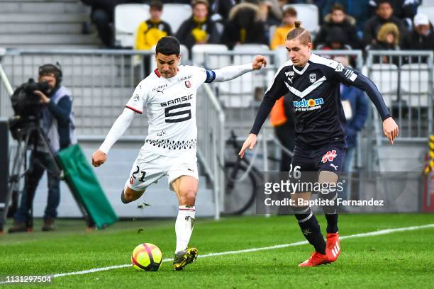Benjamin Andre of Rennes and Toma Basic of Bordeaux during the French Ligue 1 football match between Bordeaux and Rennes at Stade Matmut Atlantique...