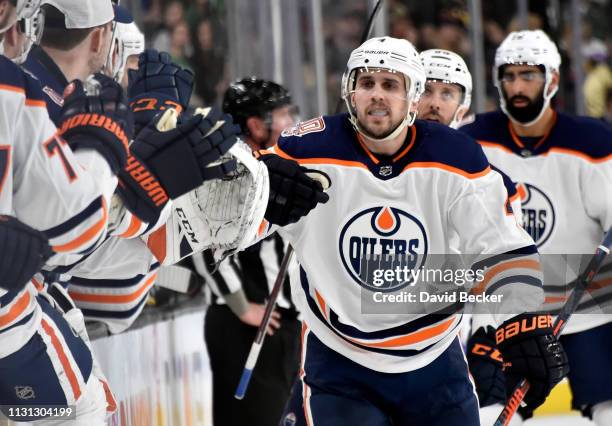 Kris Russell of the Edmonton Oilers celebrates after scoring a goal during the third period against the Vegas Golden Knights at T-Mobile Arena on...