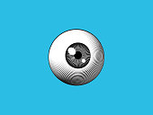 Engraving eyeball illustration on blue BG