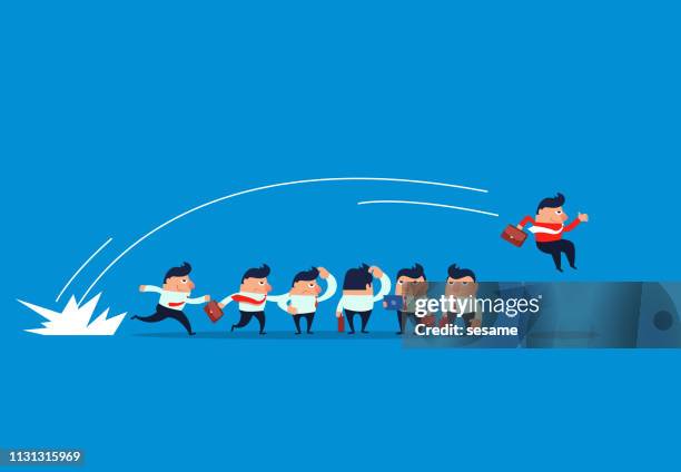 businessman jumps out of the crowd and stands out - track starting block stock illustrations