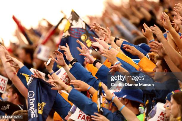 General view of the crowd reacting during the Round 2 Super Rugby match between the Otago Highlanders and Queensland Reds at Forsyth Barr Stadium on...