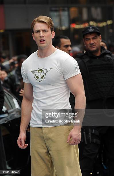 Chris Evans filming on location for "Captain America: The First Avenger" on the streets of Manhattan on April 23, 2011 in New York City.