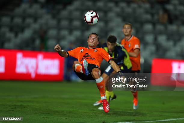 Eric Bautheac of Brisbane Roar scores a goal during the Round 20 A-League Match between the Central Coast Mariners and Brisbane Roar FC at Central...
