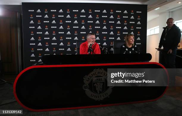 Caretaker Manager Ole Gunnar Solskjaer of Manchester United speaks during a press conference at Aon Training Complex on February 22, 2019 in...