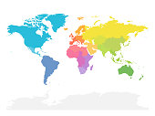 Colorful map of World divided into regions. Simple flat vector illustration