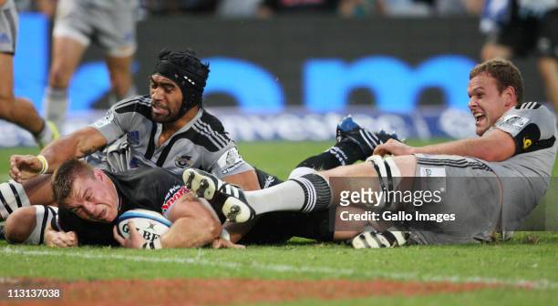 John Smit of the Sharks scores a try during the Vodacom Super Rugby match between Sharks and Hurricanes from Mr Price Kings Park Stadium on April 23,...