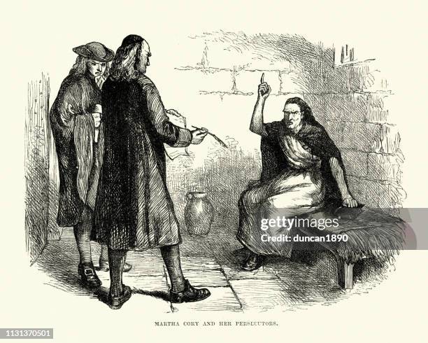 martha corey and her persecutors, salem witch trials - court appearance stock illustrations