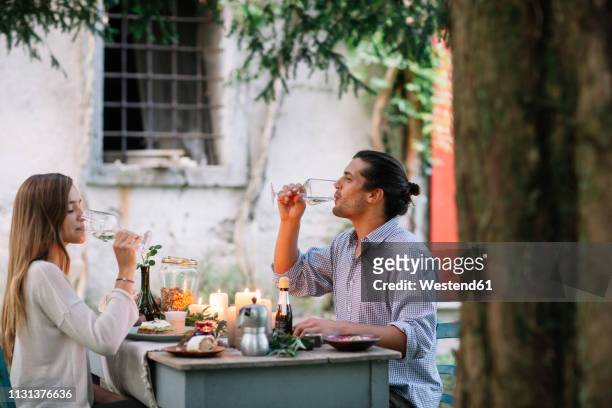 couple having a romantic candelight meal drinking from wine glasses - burning rose stock pictures, royalty-free photos & images