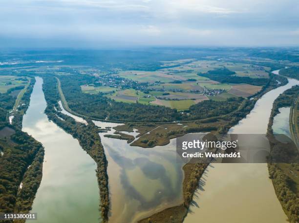 germany, bavaria, burghausen, aerial view of salzach river and inn river, river mouth - inn stockfoto's en -beelden