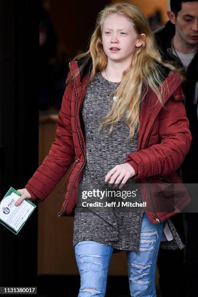 Alesha MacPhail's mother Georgina Lochrane leaves Glasgow High Court following the judge lifting the ban on his anonymity on February 22, 2019 in...