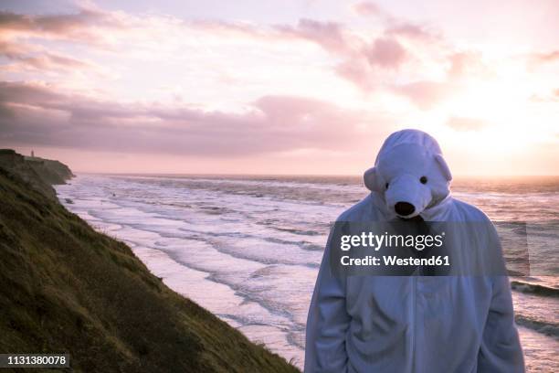 denmark, nordjuetland, man wearing ice bear costume at the beach - bear suit stock pictures, royalty-free photos & images