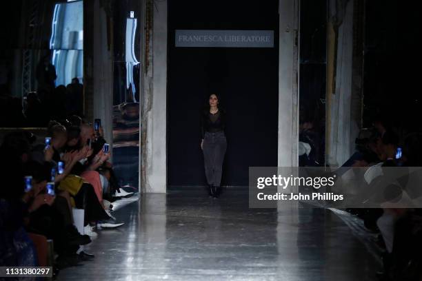 Model walks the runway at the Francesca Liberatore show at Milan Fashion Week Autumn/Winter 2019/20 on February 22, 2019 in Milan, Italy.