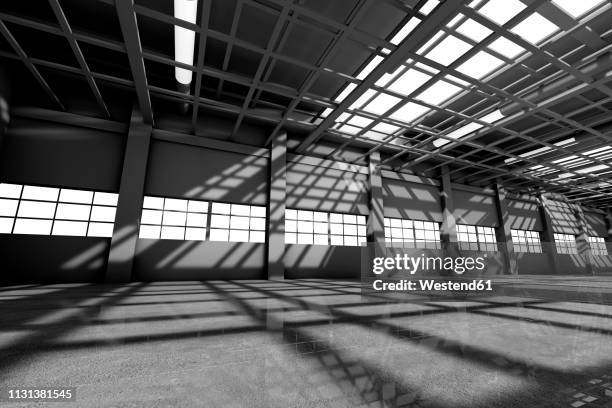 architecture visualization of an empty warehouse, 3d rendering - warehouse interior stock illustrations