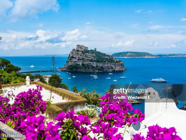 italy, campania, naples, gulf of naples, ischia island, aragonese castle on rock island - ilha de ischia imagens e fotografias de stock