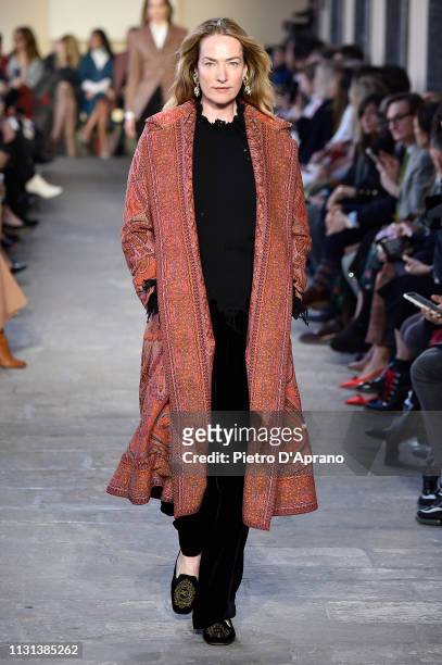 Tatjana Patitz walks the runway at the Etro show at Milan Fashion Week Autumn/Winter 2019/20 on February 22, 2019 in Milan, Italy.